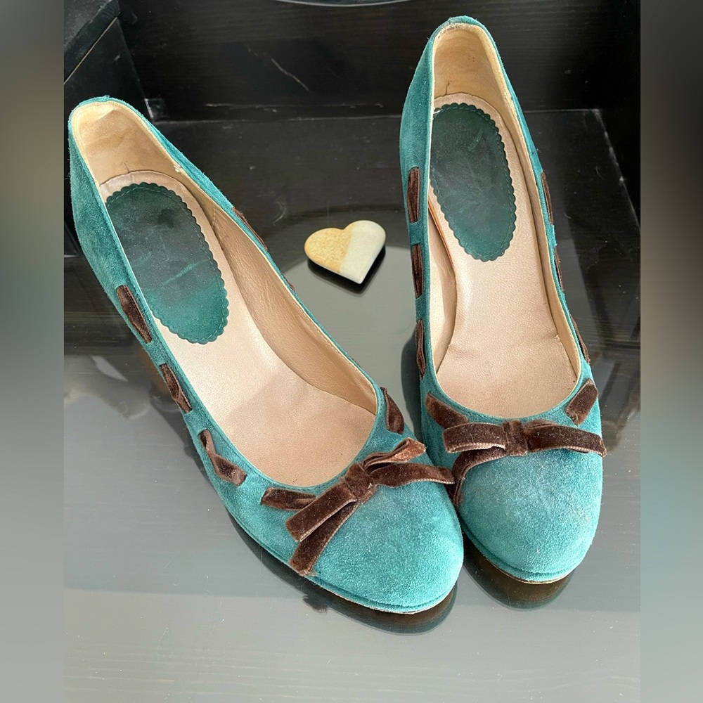 Boden, teal suede heels with chocolate brown velvet trim ss38